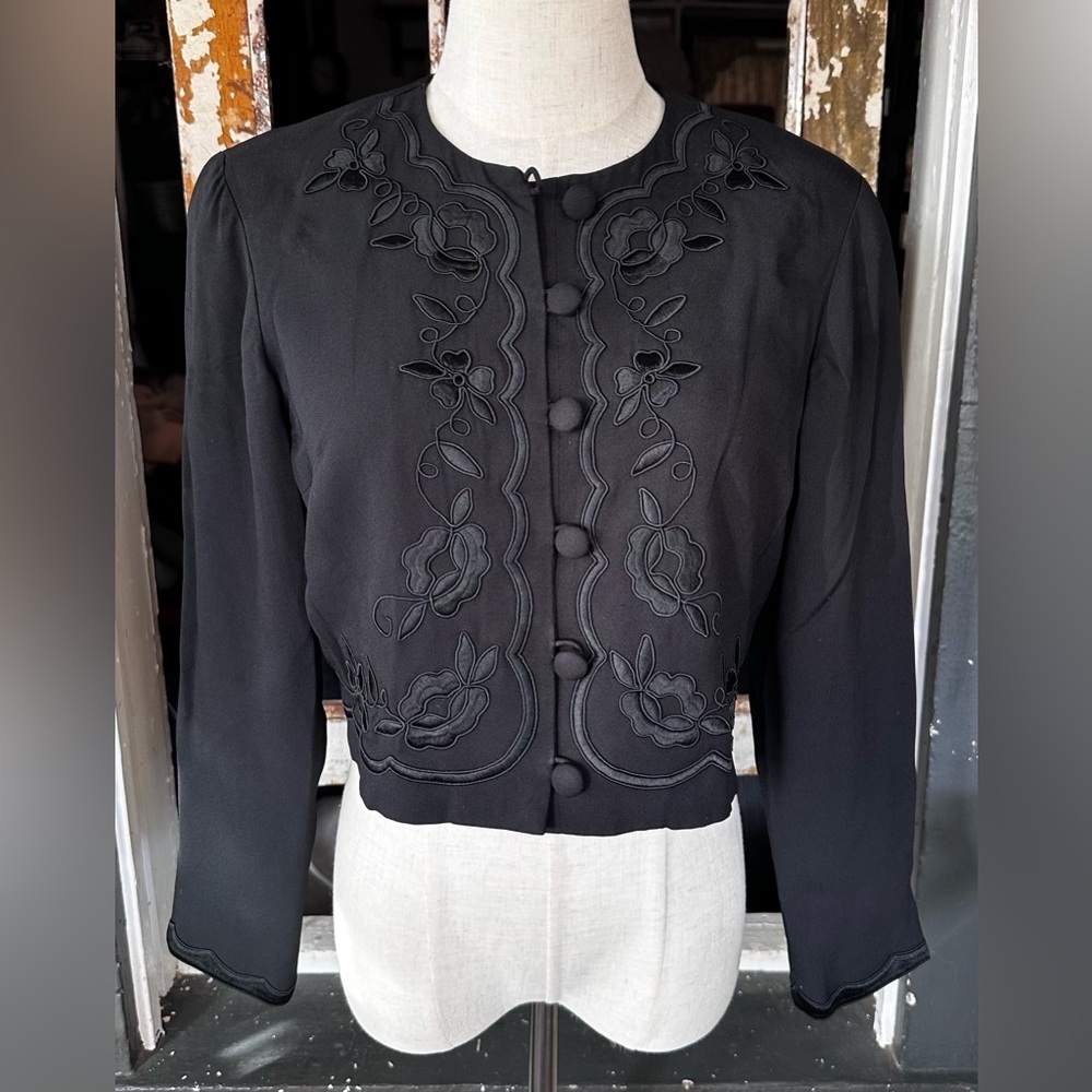 Talbots 2 Petite Black Embroidered Cropped Jacket | Floral Corded Detail - Picture 2 of 8